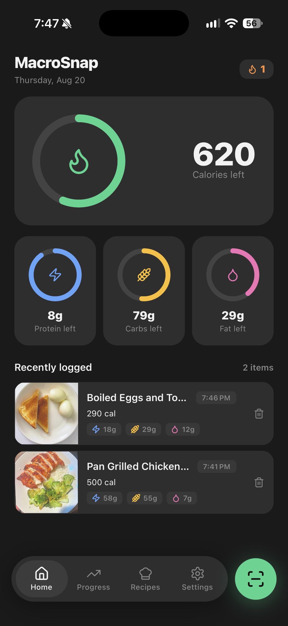 The MacroSnap home screen showing calories and macros left for the day