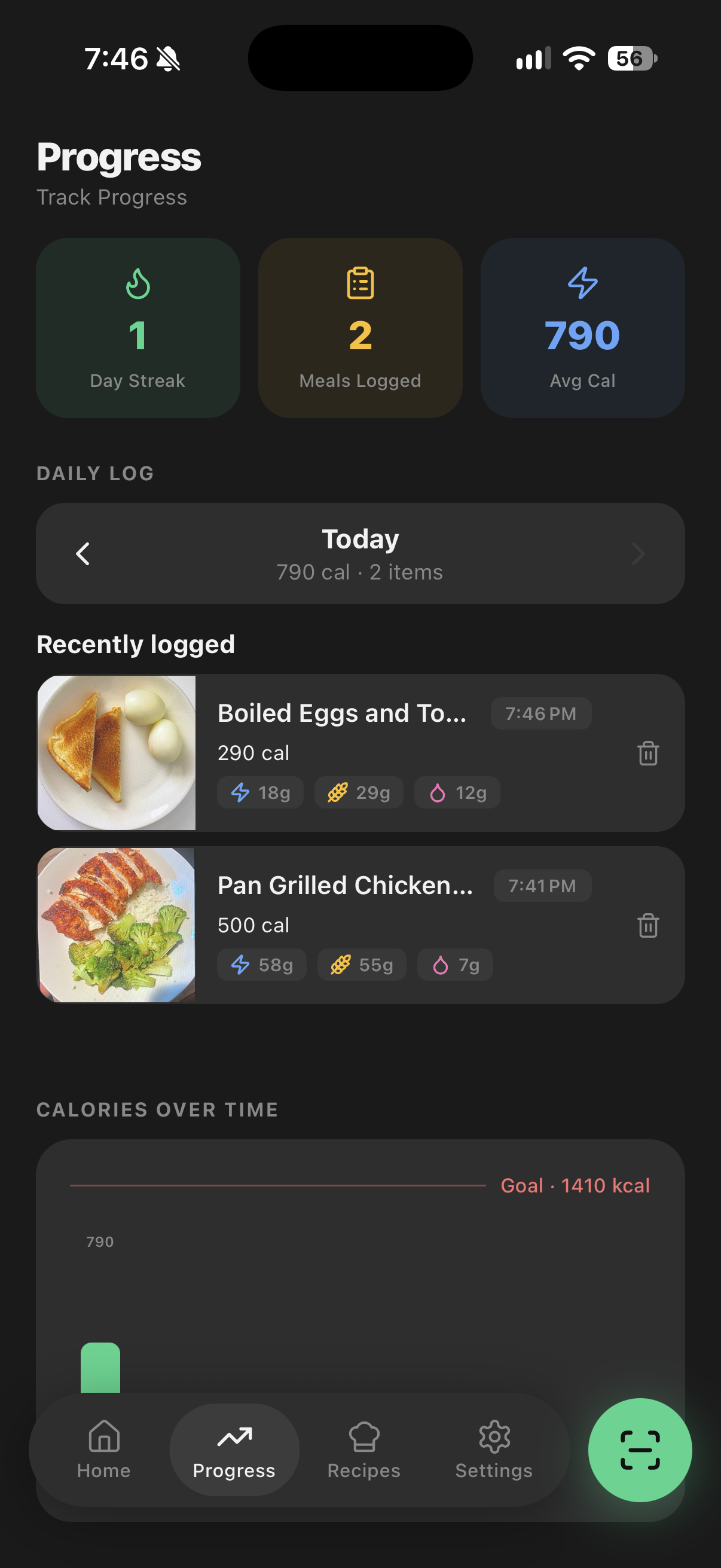 The Progress screen showing day streak, meals logged, a daily log and calories over time